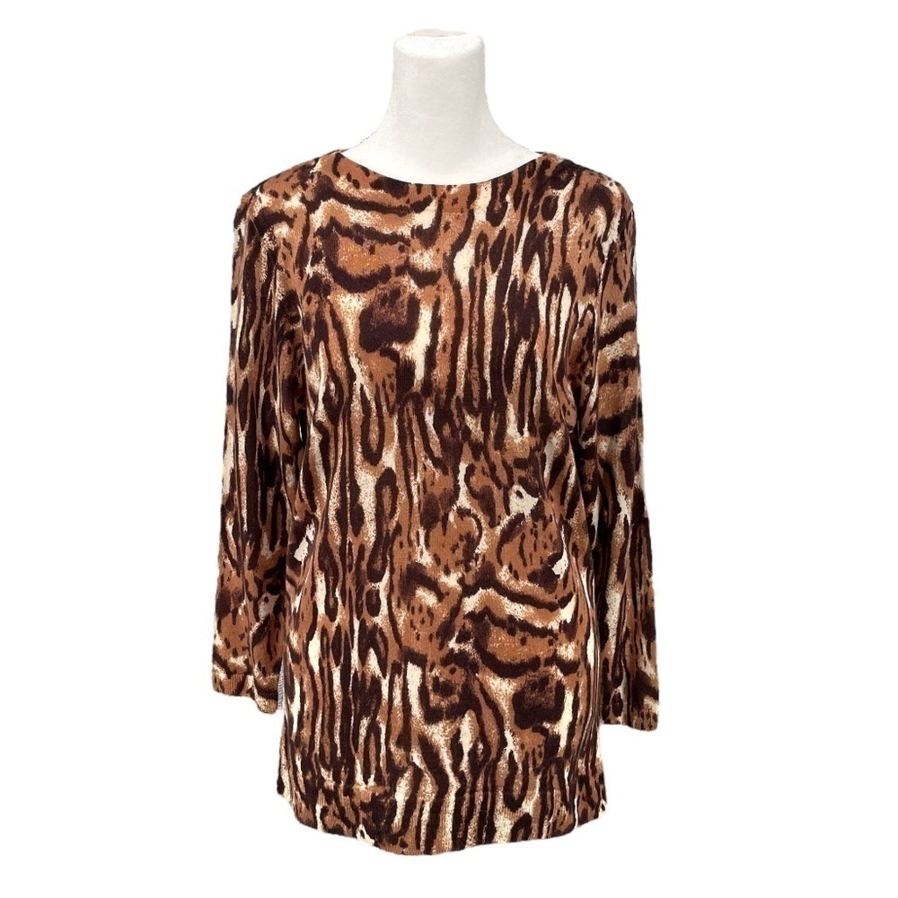 NWT Talbots Merino Wool Animal Print Crew Neck Sweater, Brown/Tan/Cream, Size M